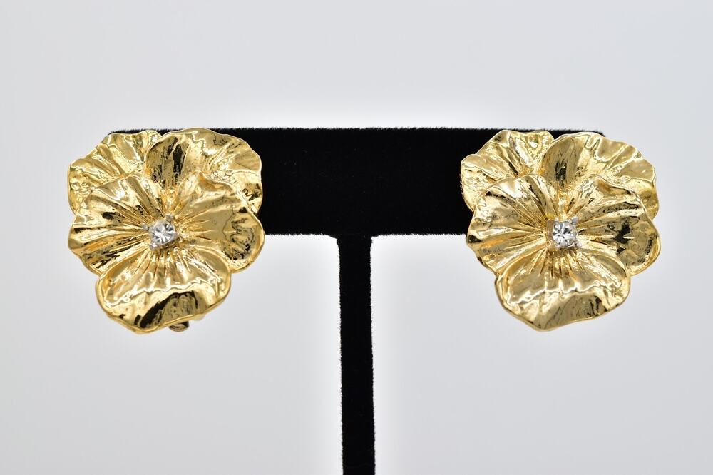 Vintage NOS Gold Pansy Flower Clip On Earrings Rhinestone Crystal 80s 90s BinAR